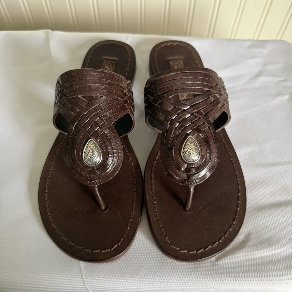 New Brighton Dark Brown Silver Woven Leather Women's 7.5 Flat Sandals Shoes